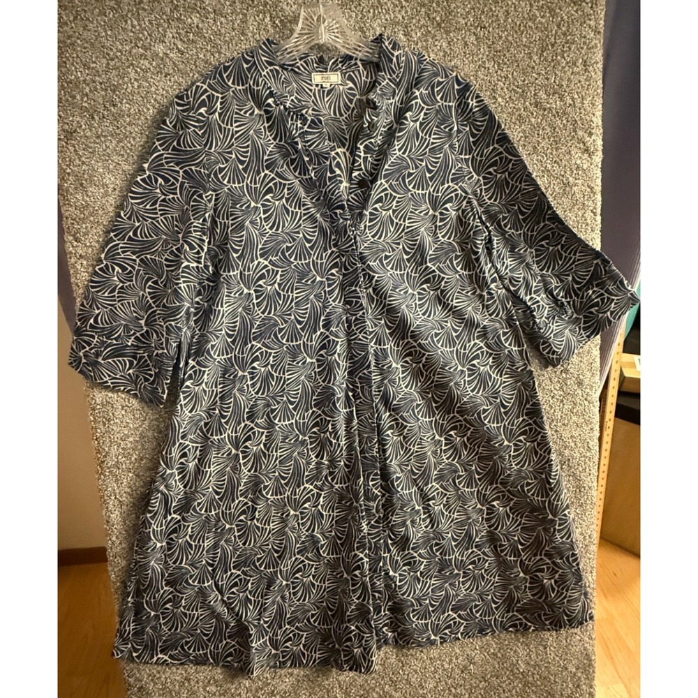 Zuri Kenya Shirt Dress XL Blue White Fan Print Cotton Button Front Pockets Boho